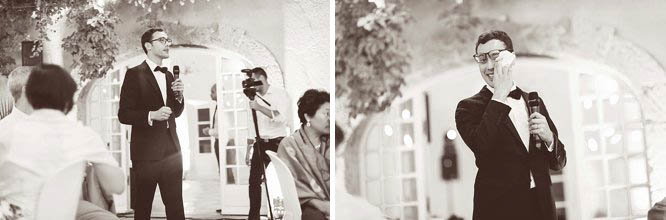 b+w photo groom crying delivering speech